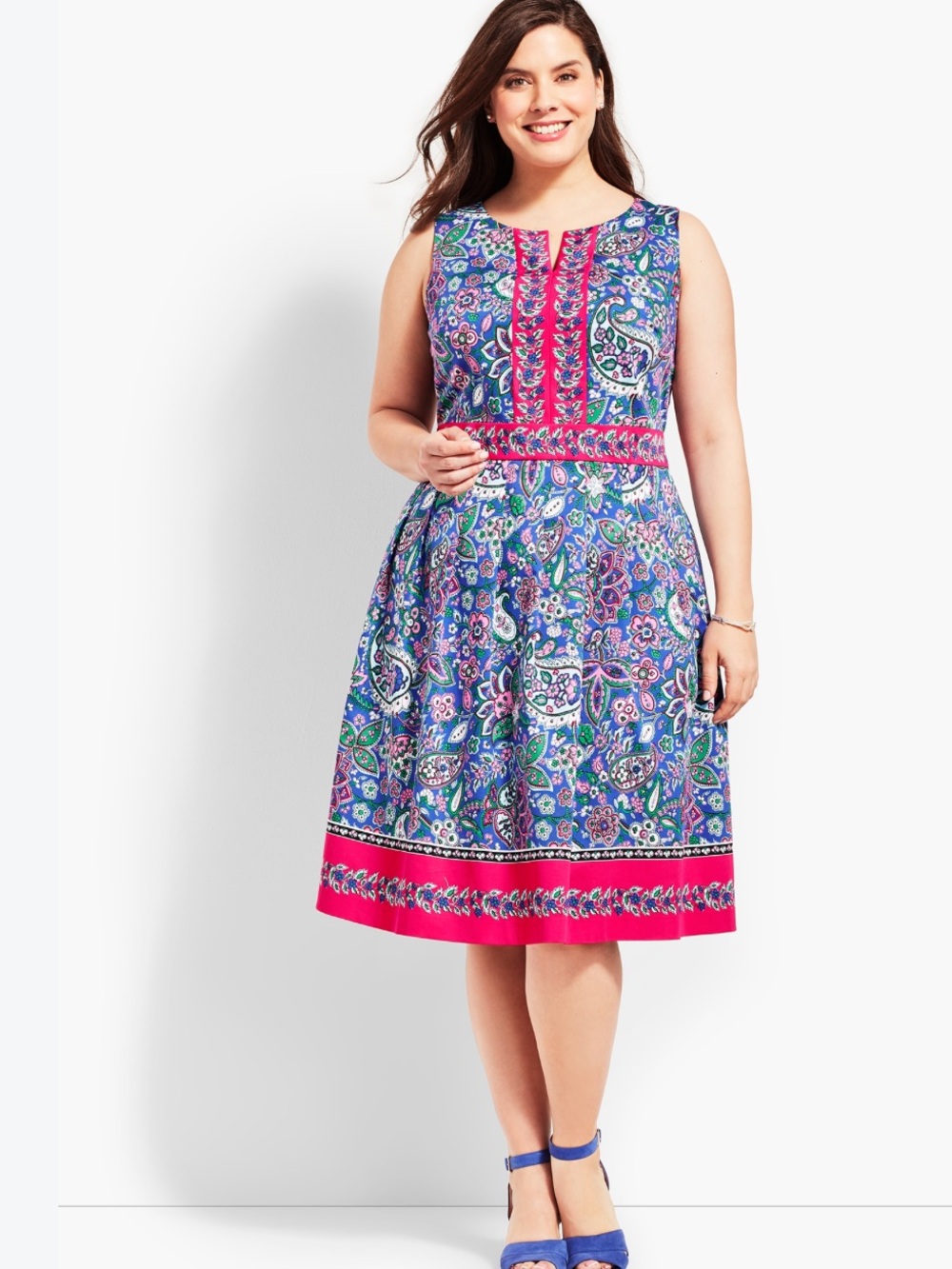 Talbots Sleeveless Paisley Midi Dress in Navy and Fuchsia with Green Accents